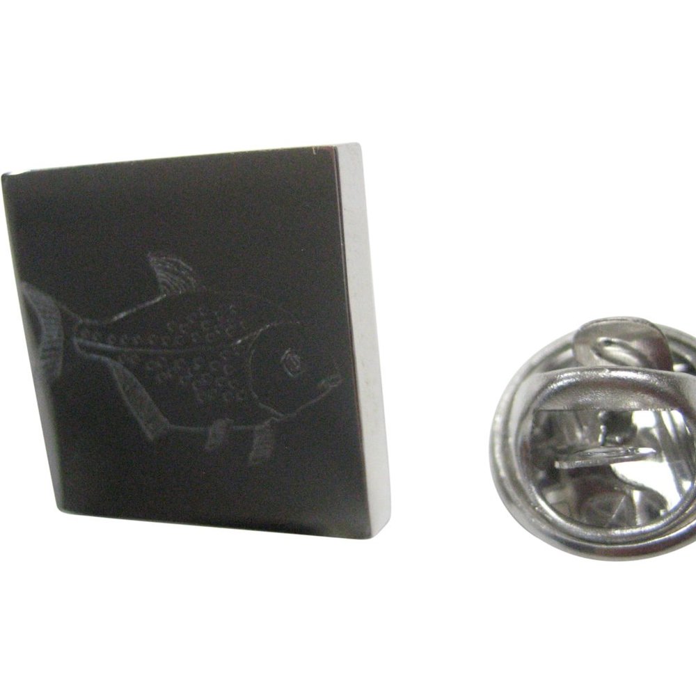 Silver Toned Square Etched Piranha Pirana Fish Lapel Pin